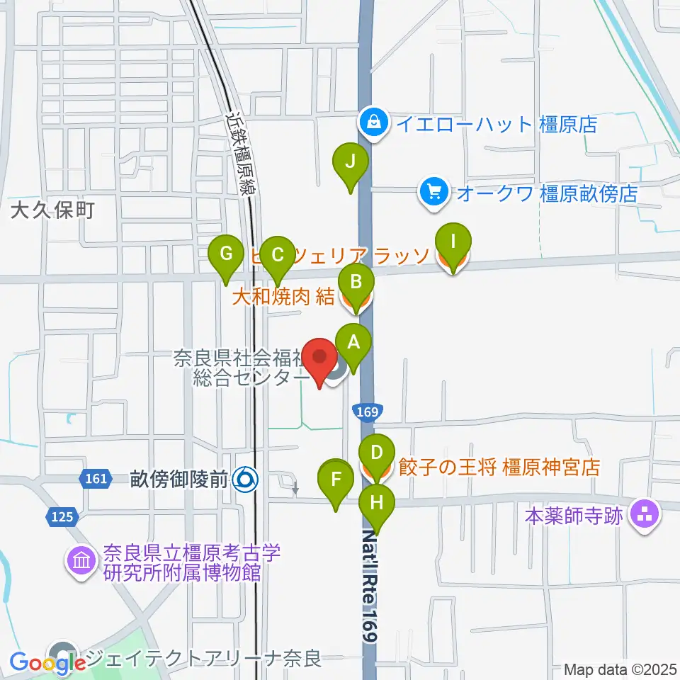 奈良県社会福祉総合センター周辺のファミレス・ファーストフード一覧地図