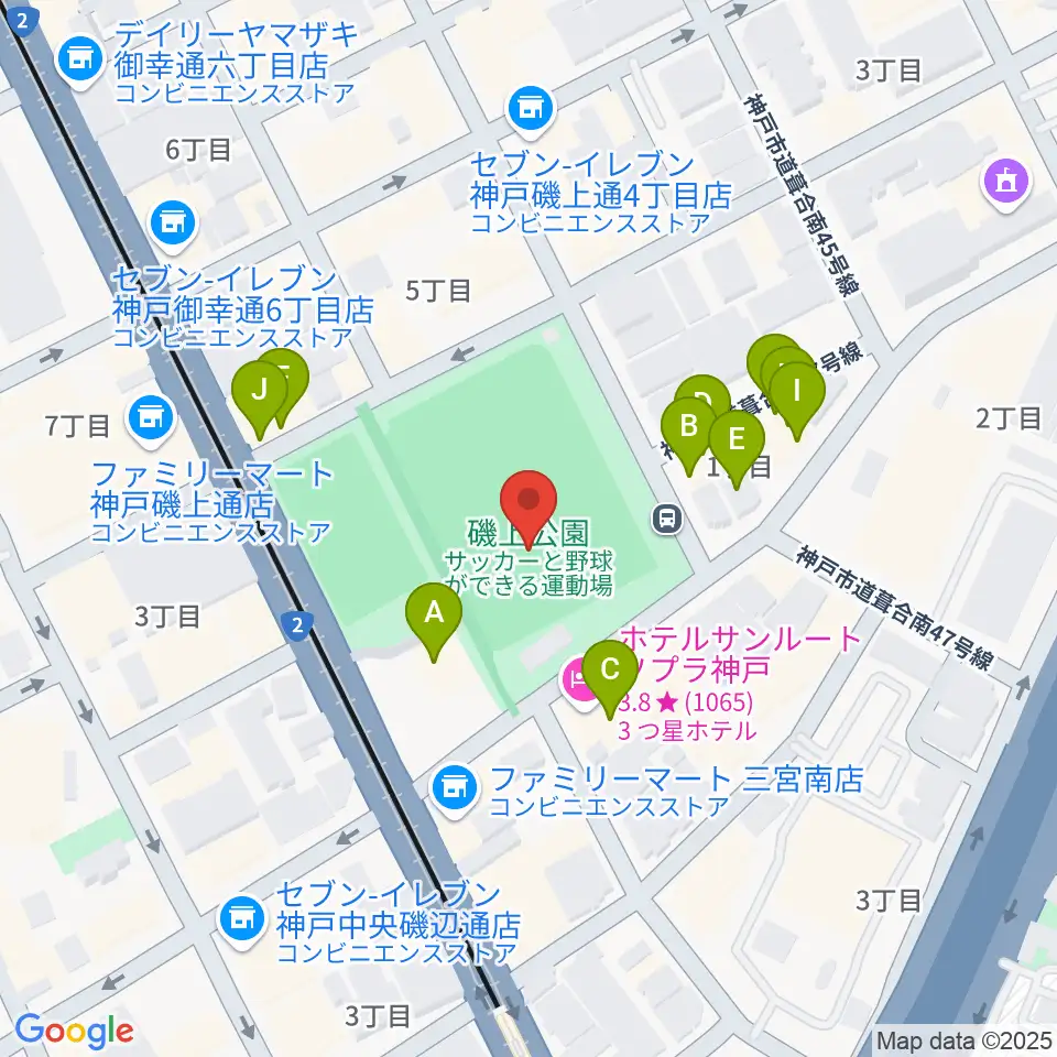 神戸市立磯上体育館周辺のファミレス・ファーストフード一覧地図
