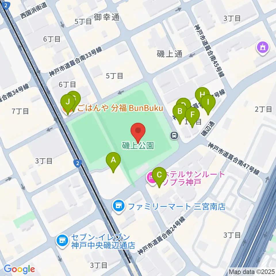 神戸市立磯上体育館周辺のファミレス・ファーストフード一覧地図