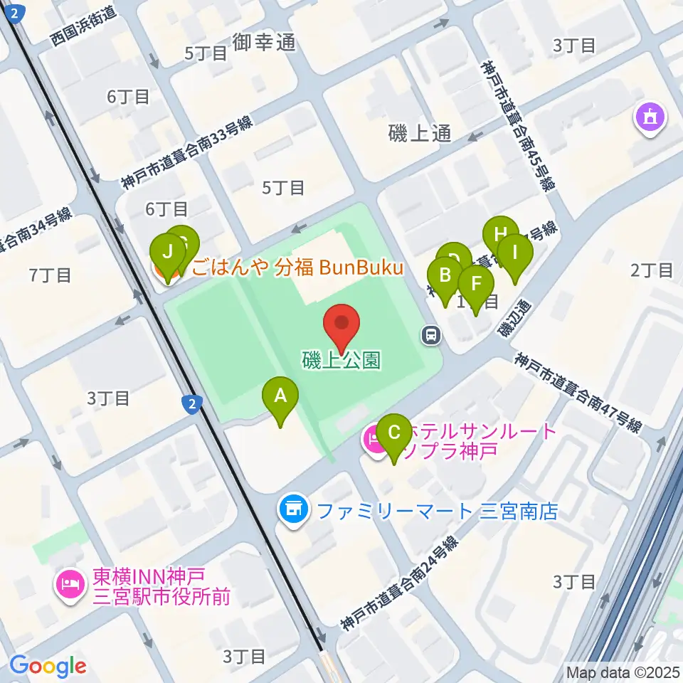 神戸市立磯上体育館周辺のファミレス・ファーストフード一覧地図