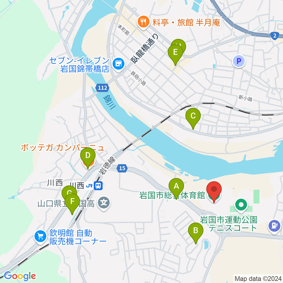 岩国市総合体育館周辺のファミレス・ファーストフード一覧地図