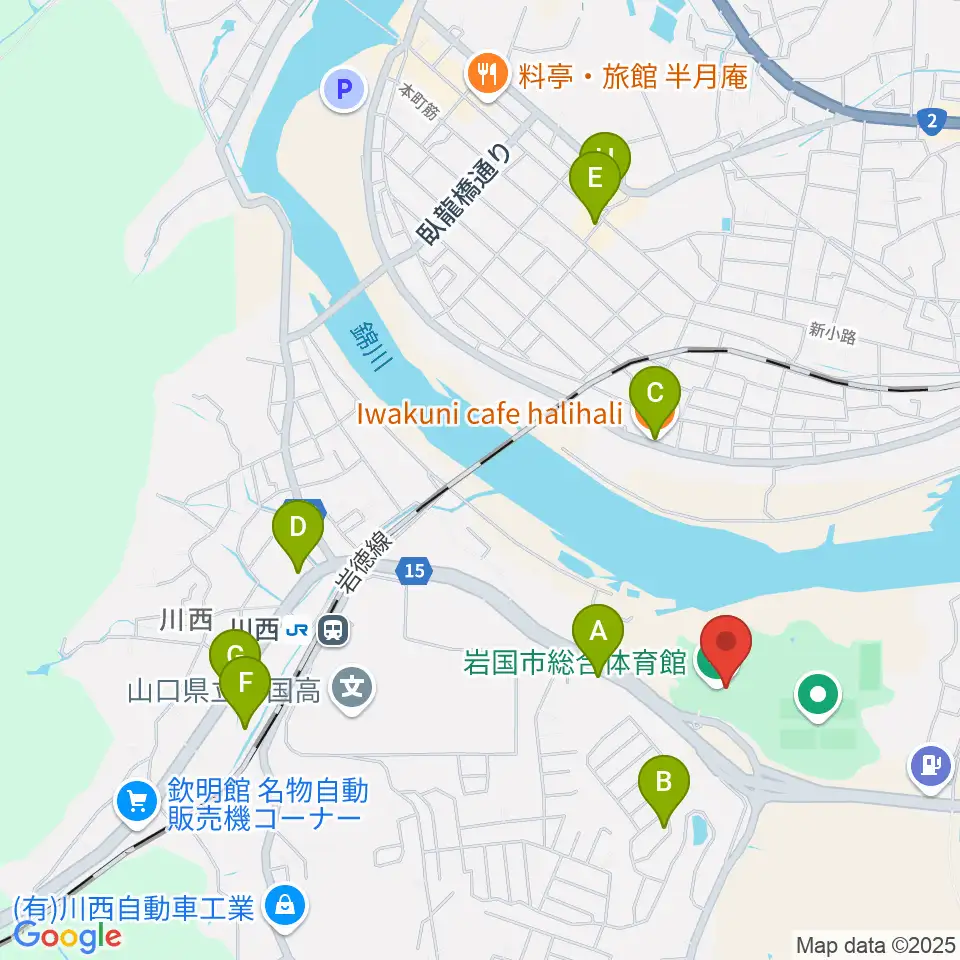 岩国市総合体育館周辺のファミレス・ファーストフード一覧地図