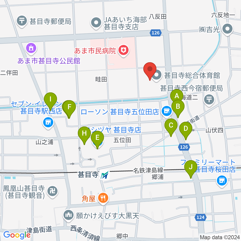 あま市甚目寺総合体育館周辺のファミレス・ファーストフード一覧地図