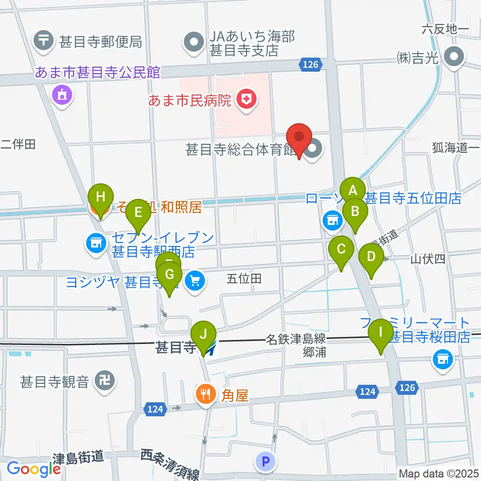 あま市甚目寺総合体育館周辺のファミレス・ファーストフード一覧地図