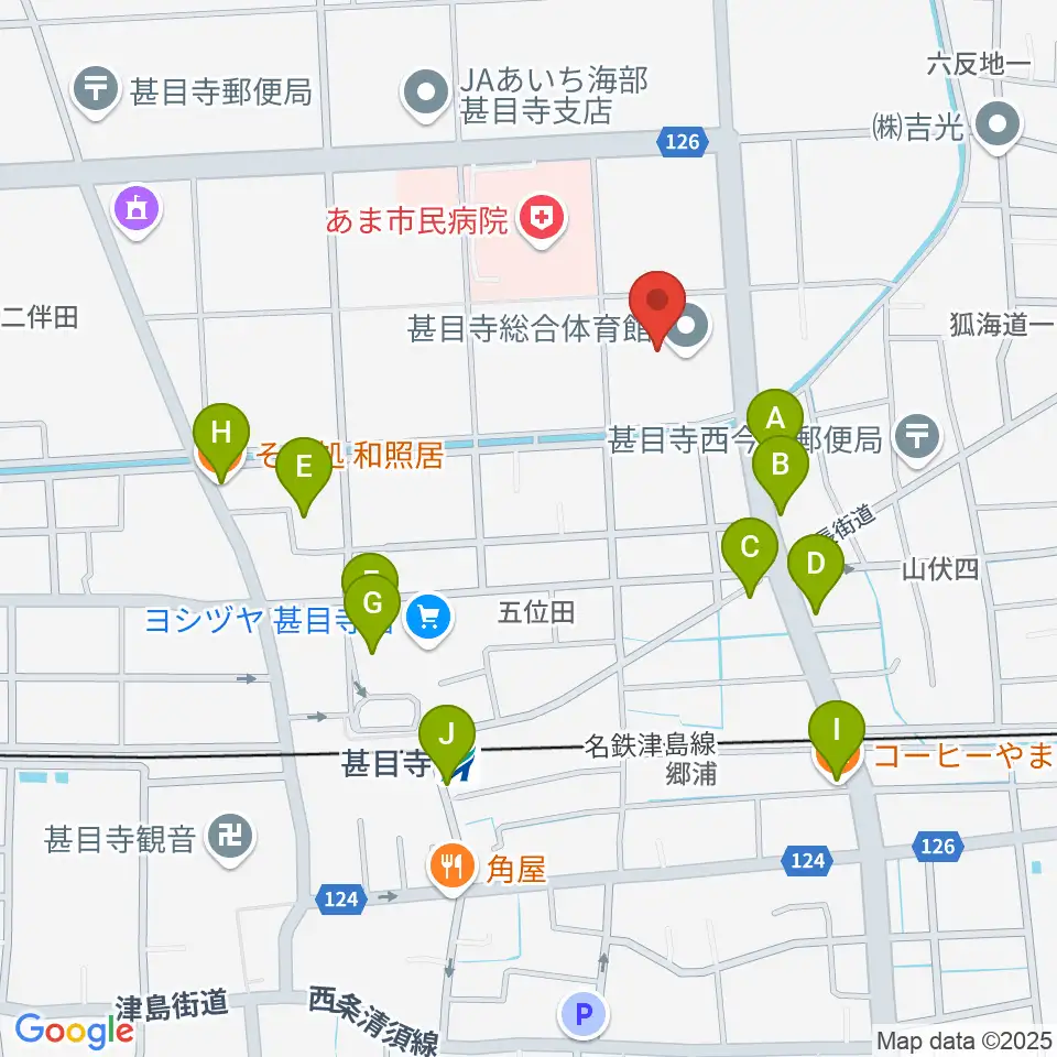 あま市甚目寺総合体育館周辺のファミレス・ファーストフード一覧地図