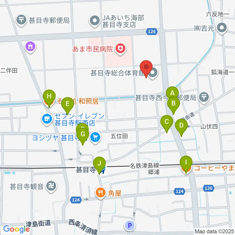 あま市甚目寺総合体育館周辺のファミレス・ファーストフード一覧地図