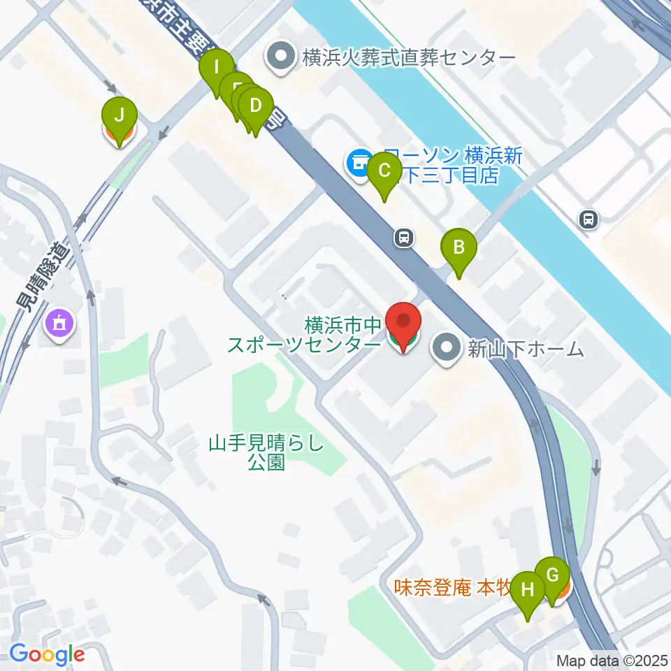 横浜市中スポーツセンター周辺のファミレス・ファーストフード一覧地図