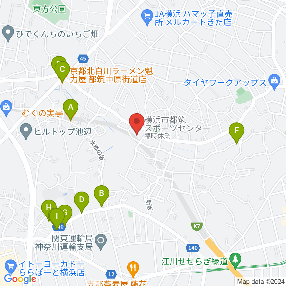 横浜市都筑スポーツセンター周辺のファミレス・ファーストフード一覧地図