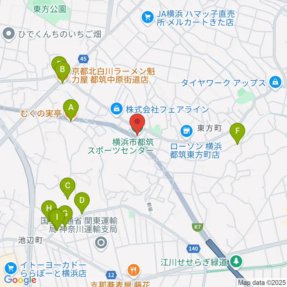 横浜市都筑スポーツセンター周辺のファミレス・ファーストフード一覧地図