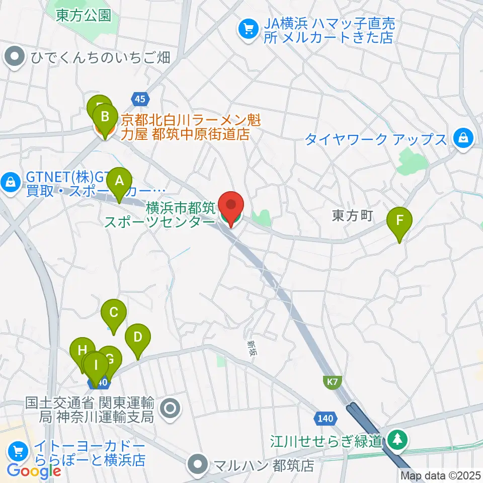 横浜市都筑スポーツセンター周辺のファミレス・ファーストフード一覧地図