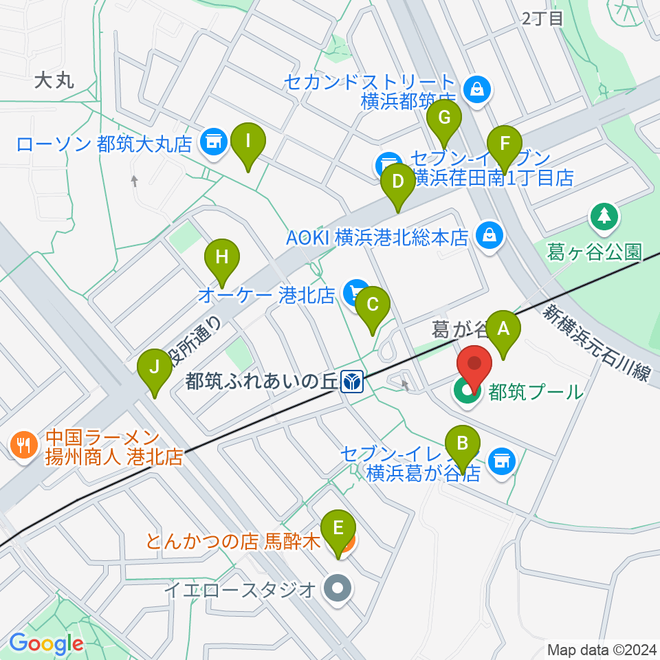 横浜市都筑プール周辺のファミレス・ファーストフード一覧地図