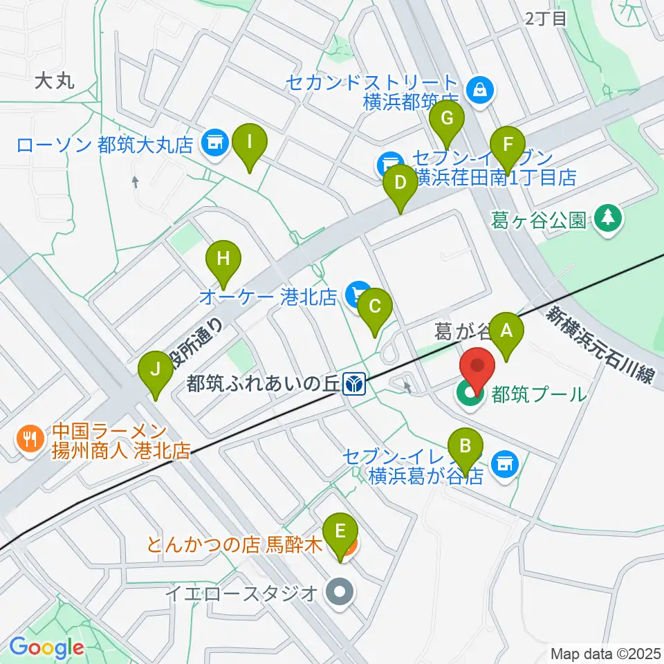 横浜市都筑プール周辺のファミレス・ファーストフード一覧地図