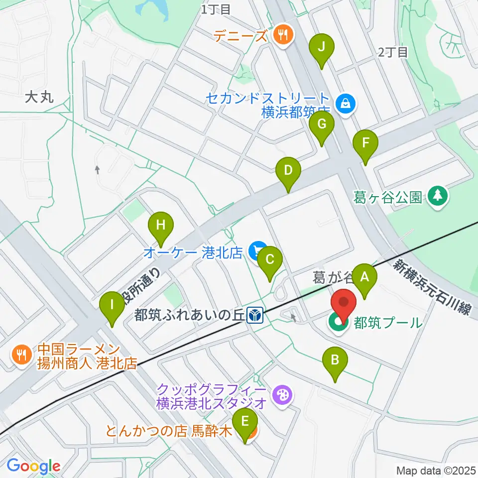 横浜市都筑プール周辺のファミレス・ファーストフード一覧地図