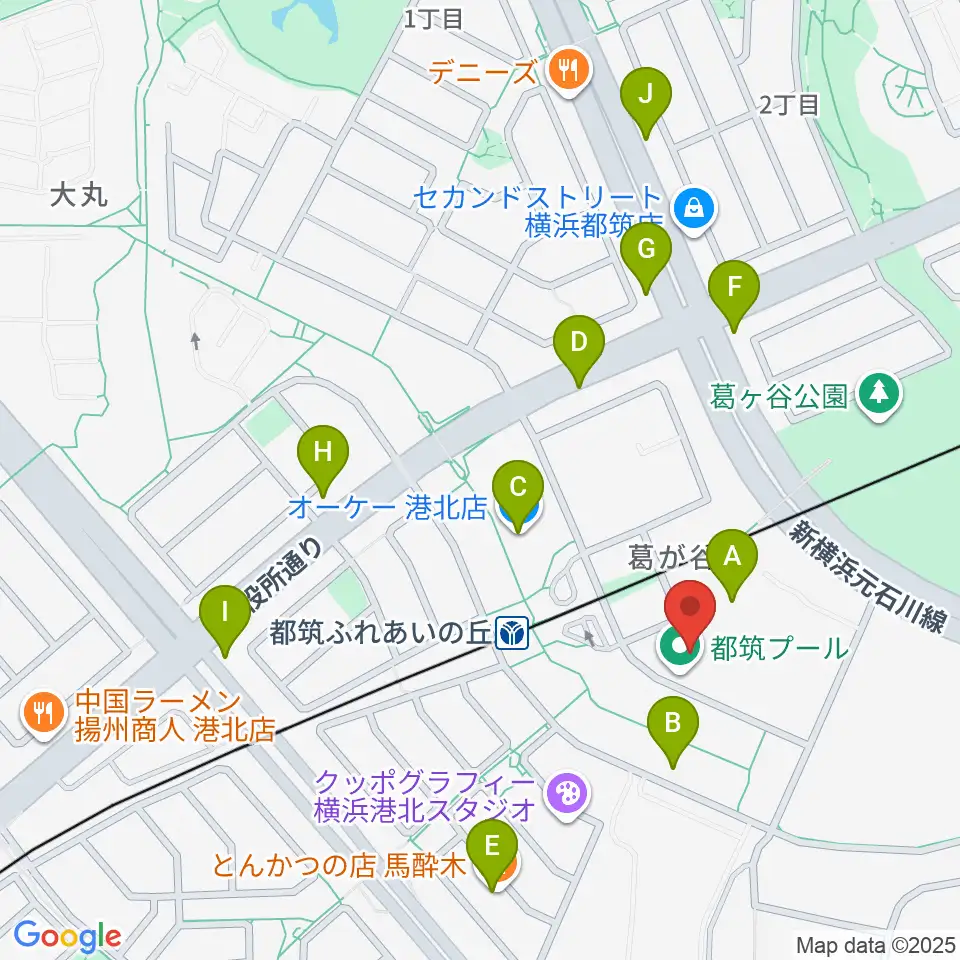 横浜市都筑プール周辺のファミレス・ファーストフード一覧地図