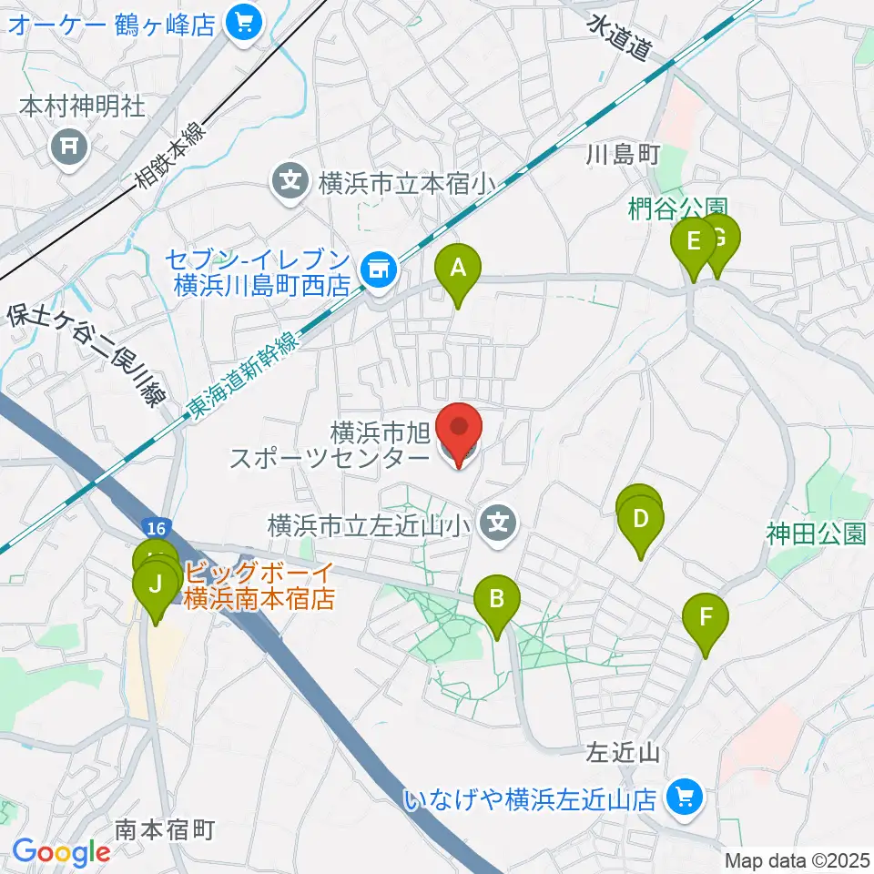 横浜市旭スポーツセンター周辺のファミレス・ファーストフード一覧地図