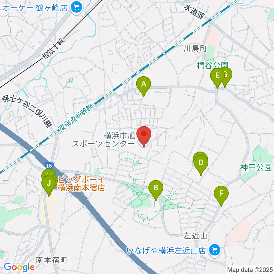 横浜市旭スポーツセンター周辺のファミレス・ファーストフード一覧地図