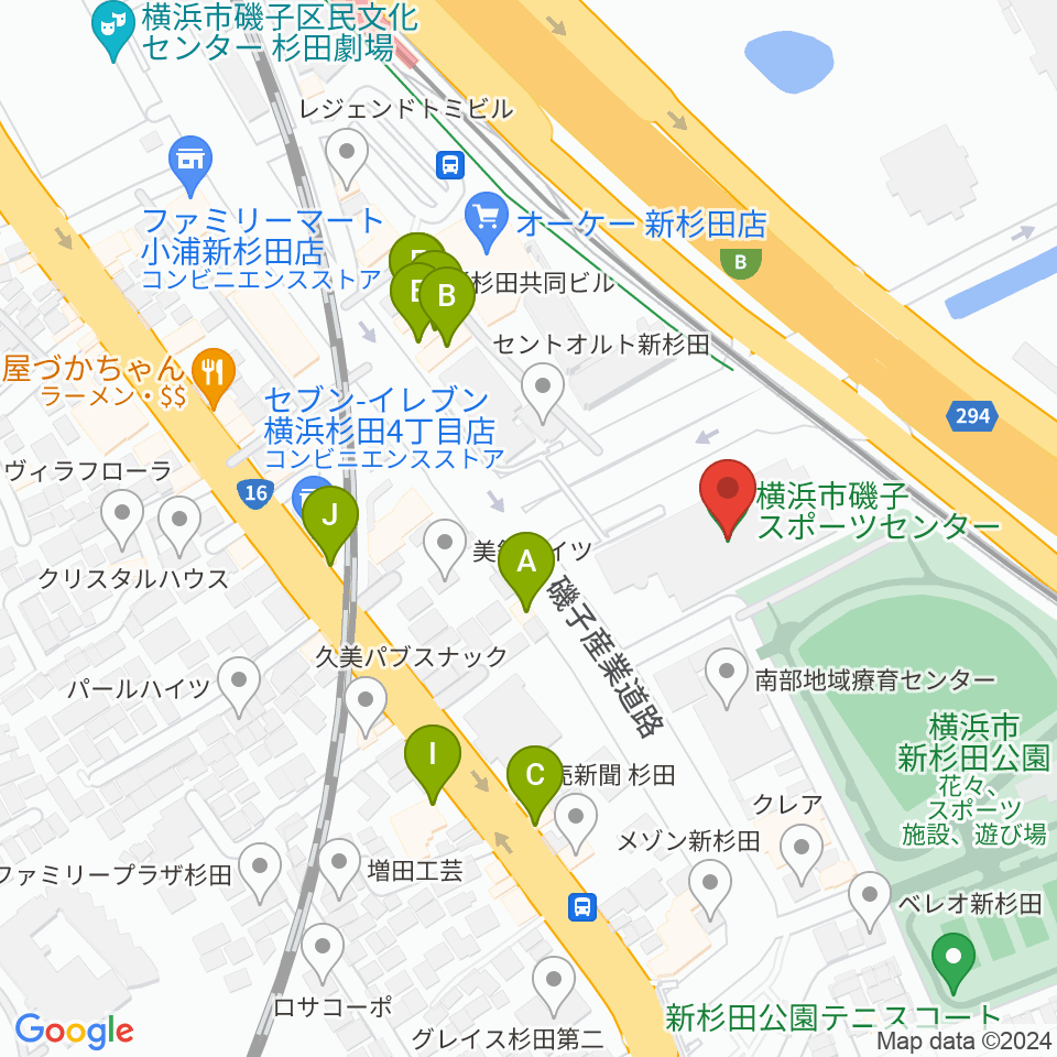 横浜市磯子スポーツセンター周辺のファミレス・ファーストフード一覧地図