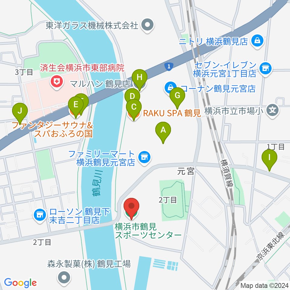 横浜市鶴見スポーツセンター周辺のファミレス・ファーストフード一覧地図