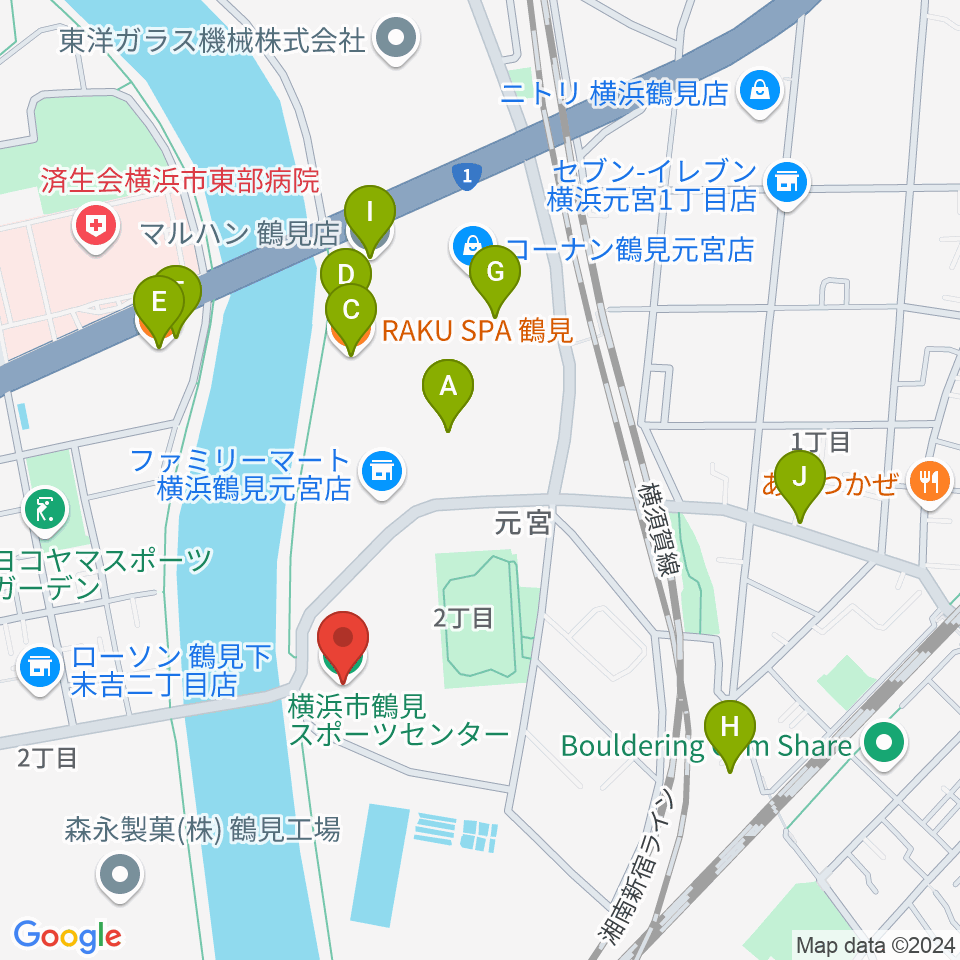 横浜市鶴見スポーツセンター周辺のファミレス・ファーストフード一覧地図