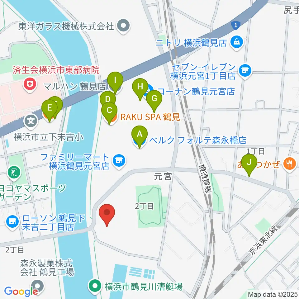 横浜市鶴見スポーツセンター周辺のファミレス・ファーストフード一覧地図