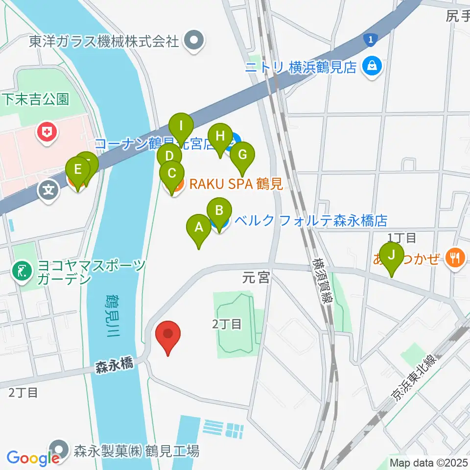 横浜市鶴見スポーツセンター周辺のファミレス・ファーストフード一覧地図