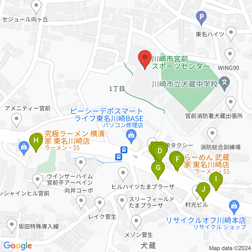 川崎市宮前スポーツセンター周辺のファミレス・ファーストフード一覧地図