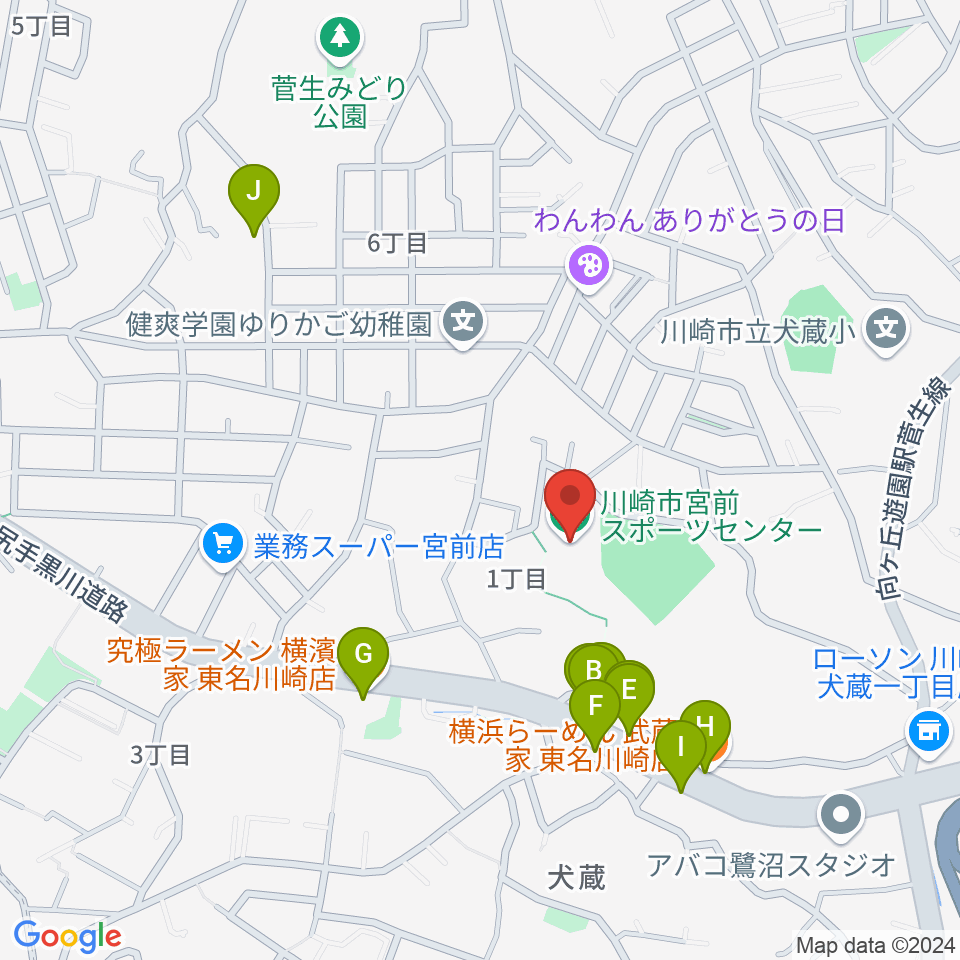 川崎市宮前スポーツセンター周辺のファミレス・ファーストフード一覧地図