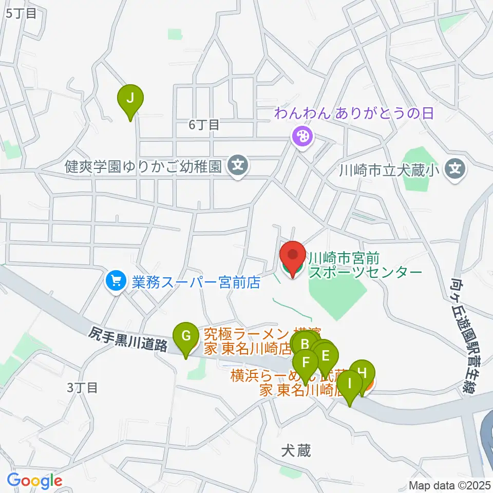 川崎市宮前スポーツセンター周辺のファミレス・ファーストフード一覧地図