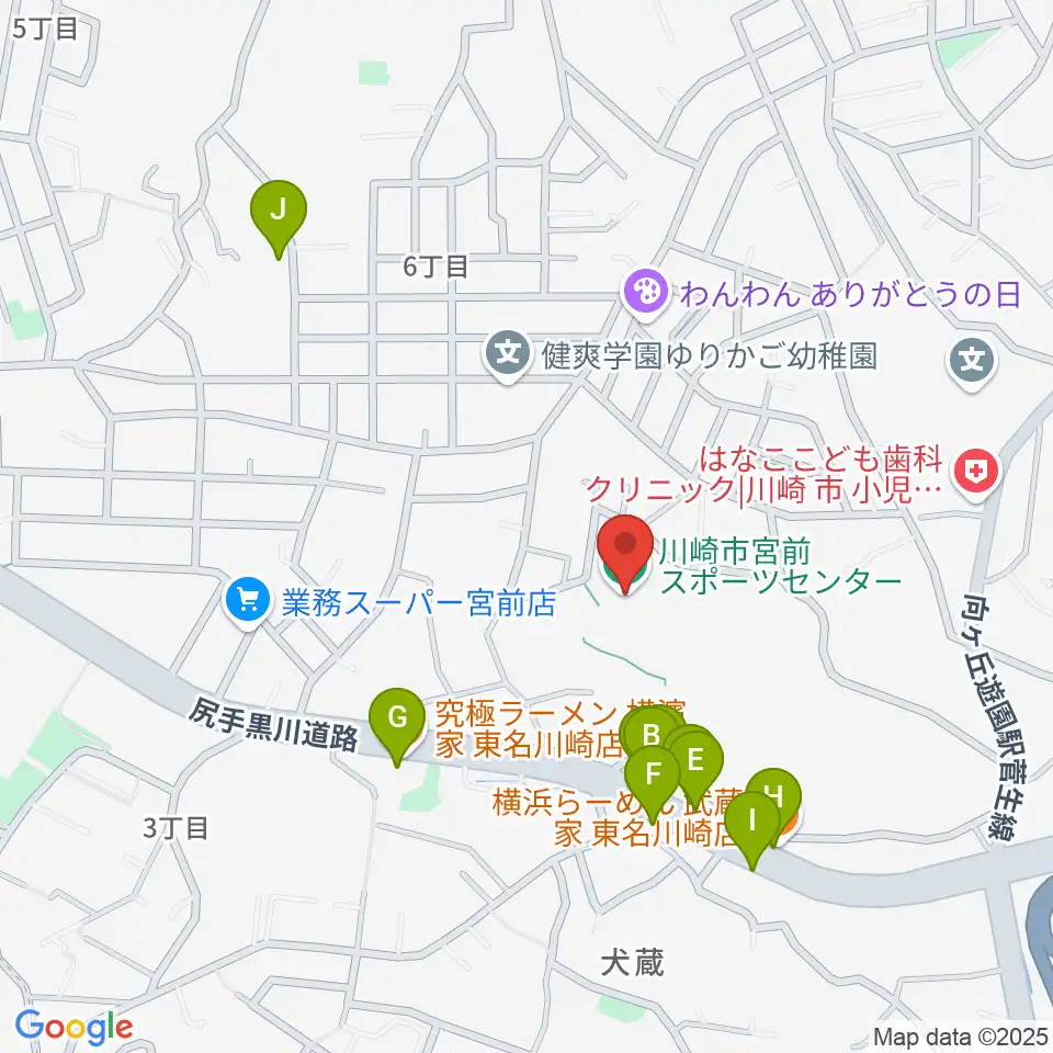 川崎市宮前スポーツセンター周辺のファミレス・ファーストフード一覧地図