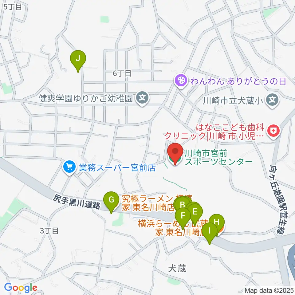 川崎市宮前スポーツセンター周辺のファミレス・ファーストフード一覧地図