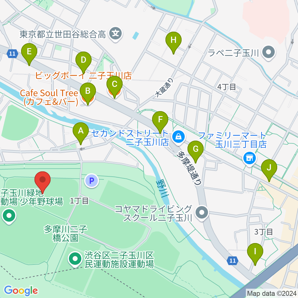 二子玉川緑地野球場周辺のファミレス・ファーストフード一覧地図