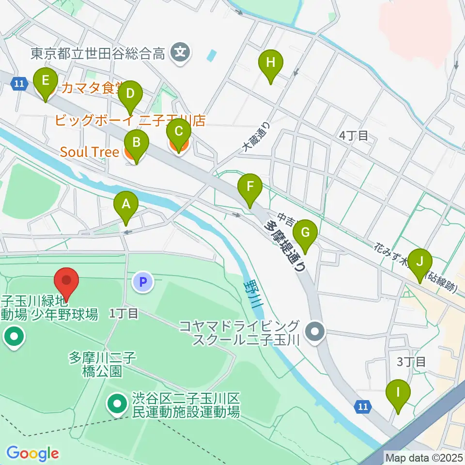 二子玉川緑地野球場周辺のファミレス・ファーストフード一覧地図