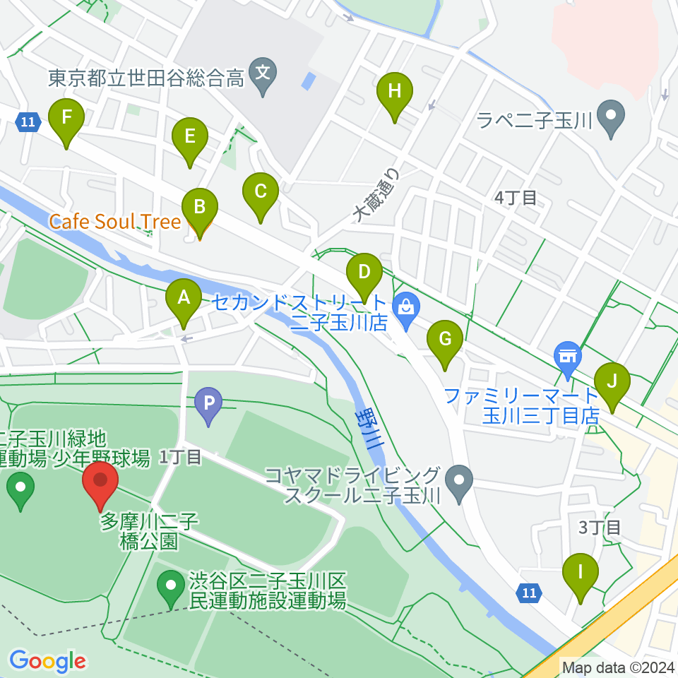 二子玉川緑地球技場・サッカー場周辺のファミレス・ファーストフード一覧地図