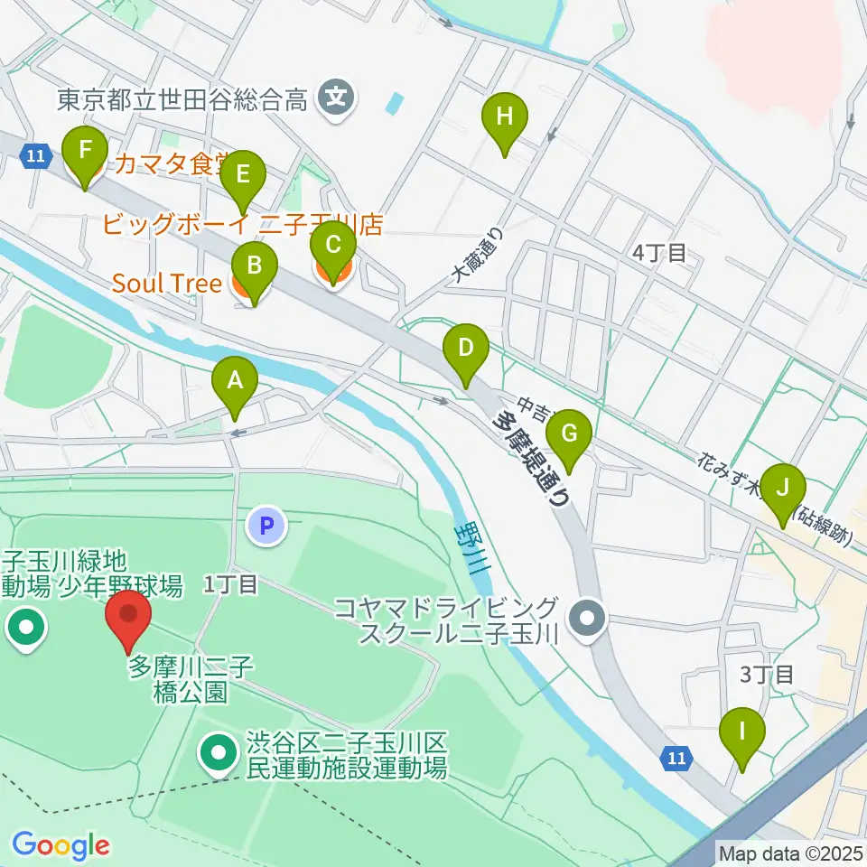 二子玉川緑地球技場・サッカー場周辺のファミレス・ファーストフード一覧地図