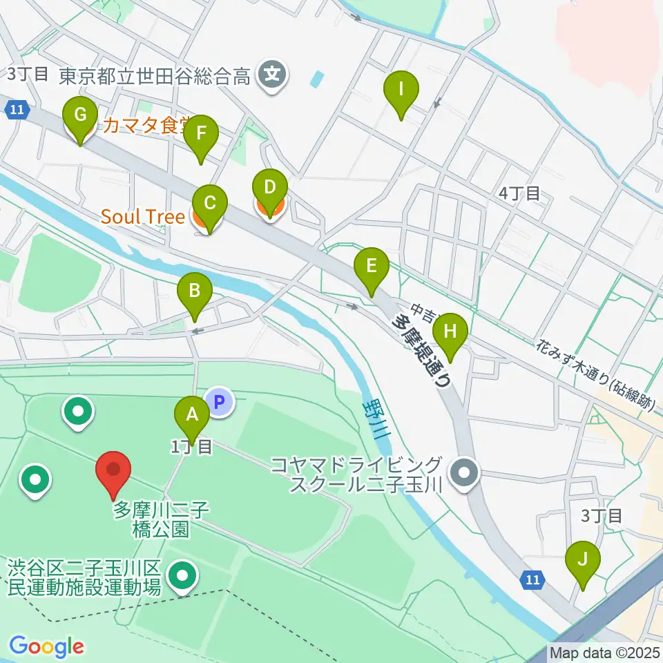 二子玉川緑地球技場・サッカー場周辺のファミレス・ファーストフード一覧地図