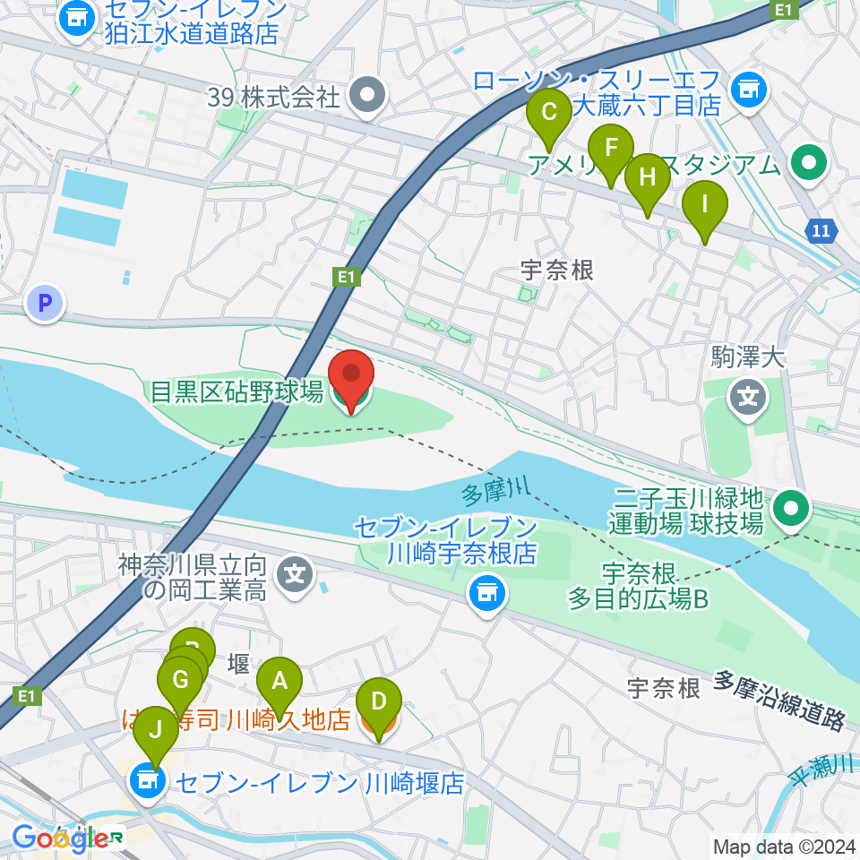 目黒区砧野球場周辺のファミレス・ファーストフード一覧地図