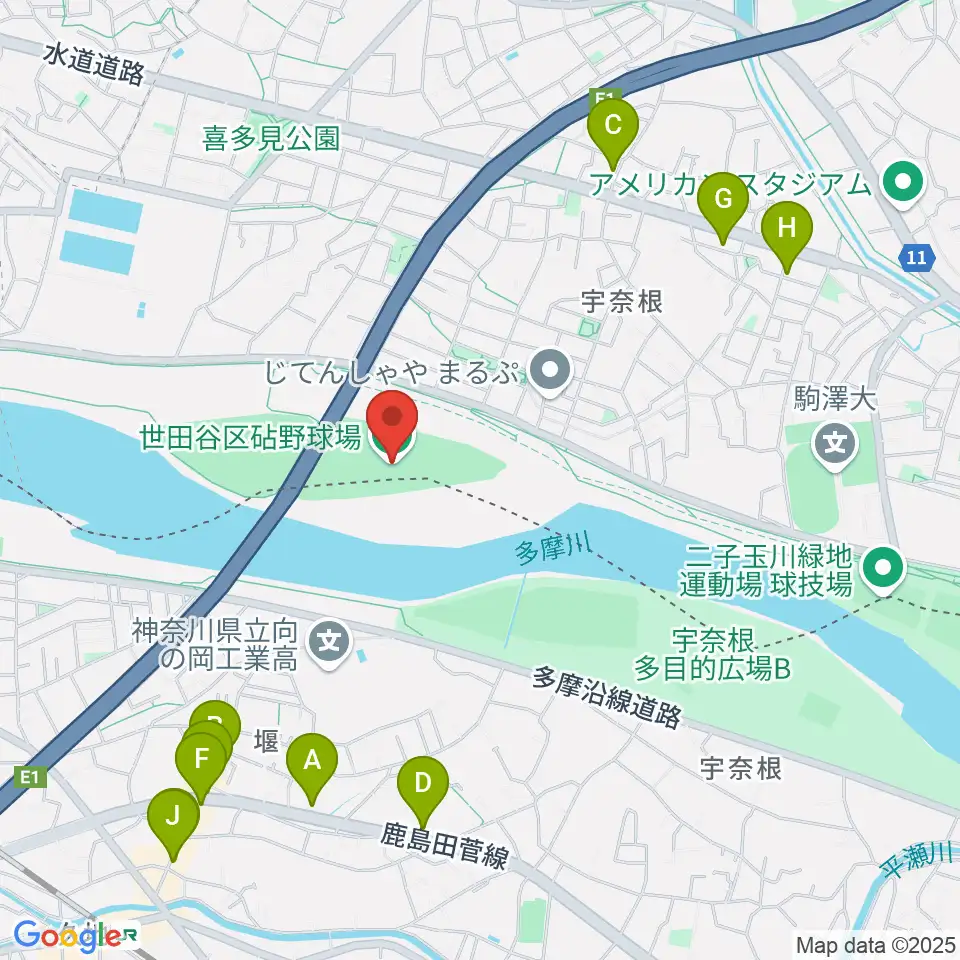 目黒区砧野球場周辺のファミレス・ファーストフード一覧地図