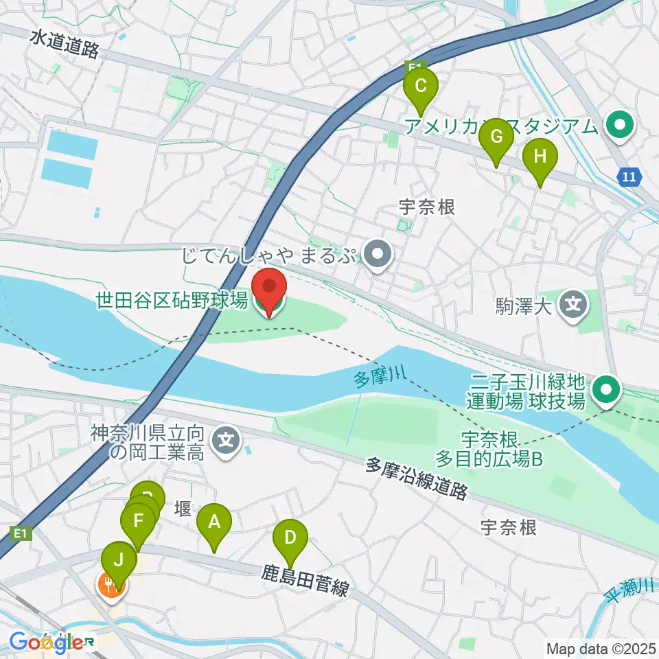 目黒区砧野球場周辺のファミレス・ファーストフード一覧地図