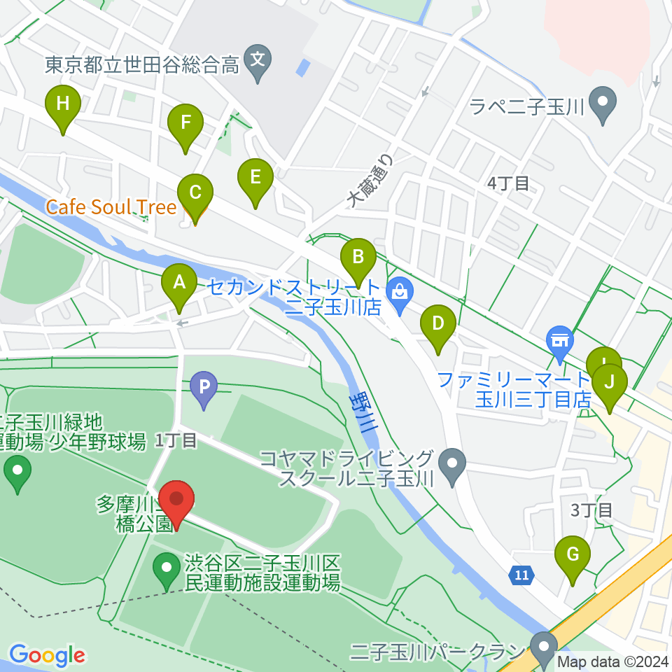 二子玉川区民運動施設周辺のファミレス・ファーストフード一覧地図