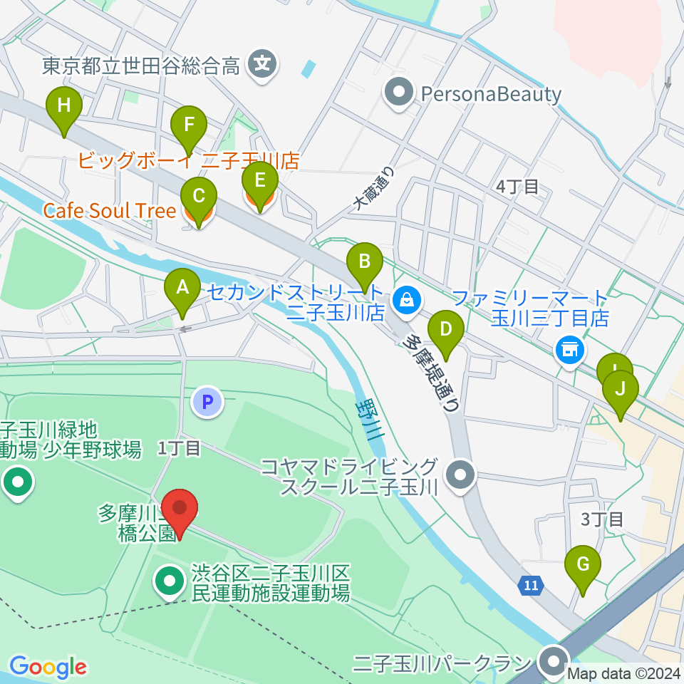 二子玉川区民運動施設周辺のファミレス・ファーストフード一覧地図