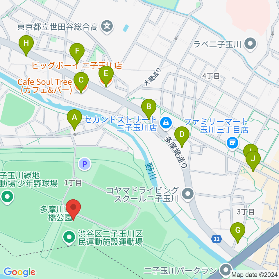 二子玉川区民運動施設周辺のファミレス・ファーストフード一覧地図