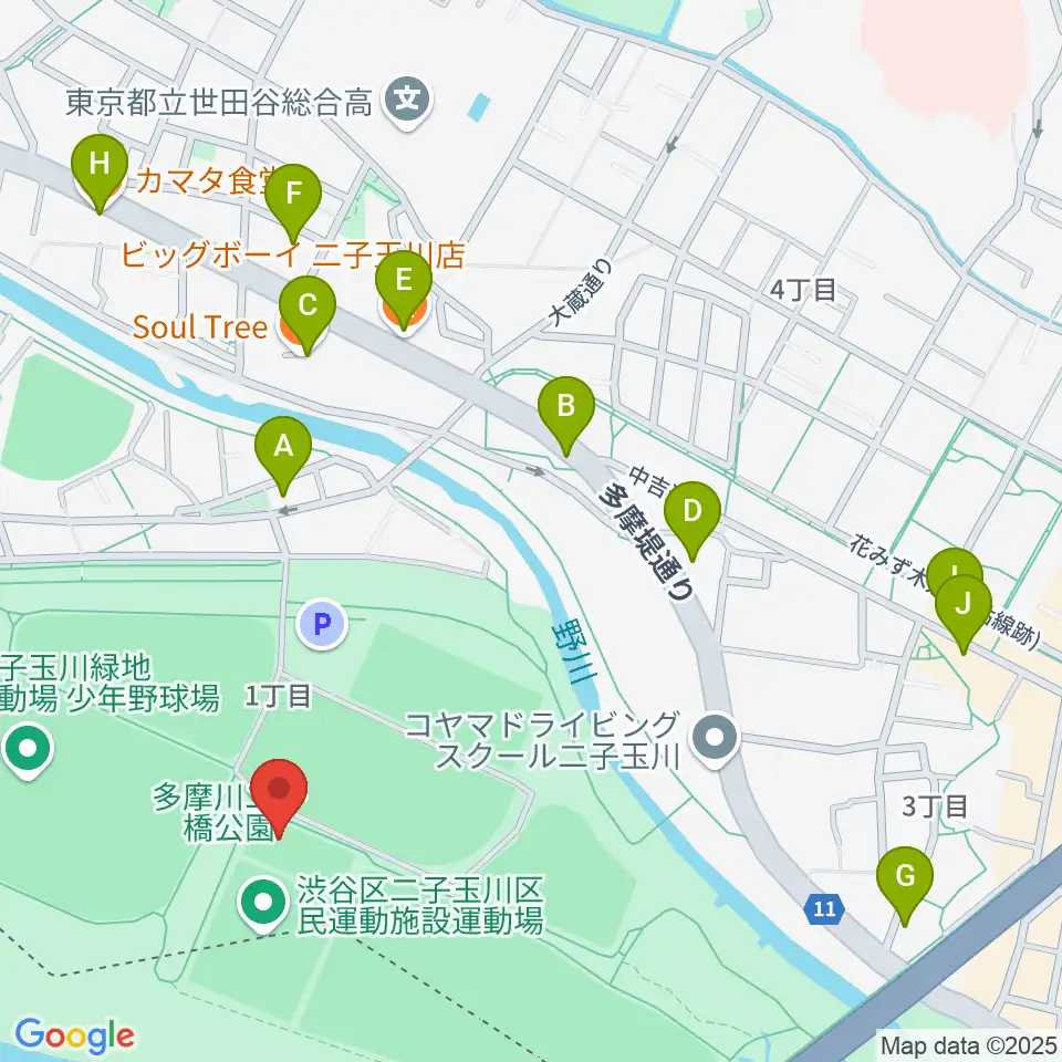 二子玉川区民運動施設周辺のファミレス・ファーストフード一覧地図