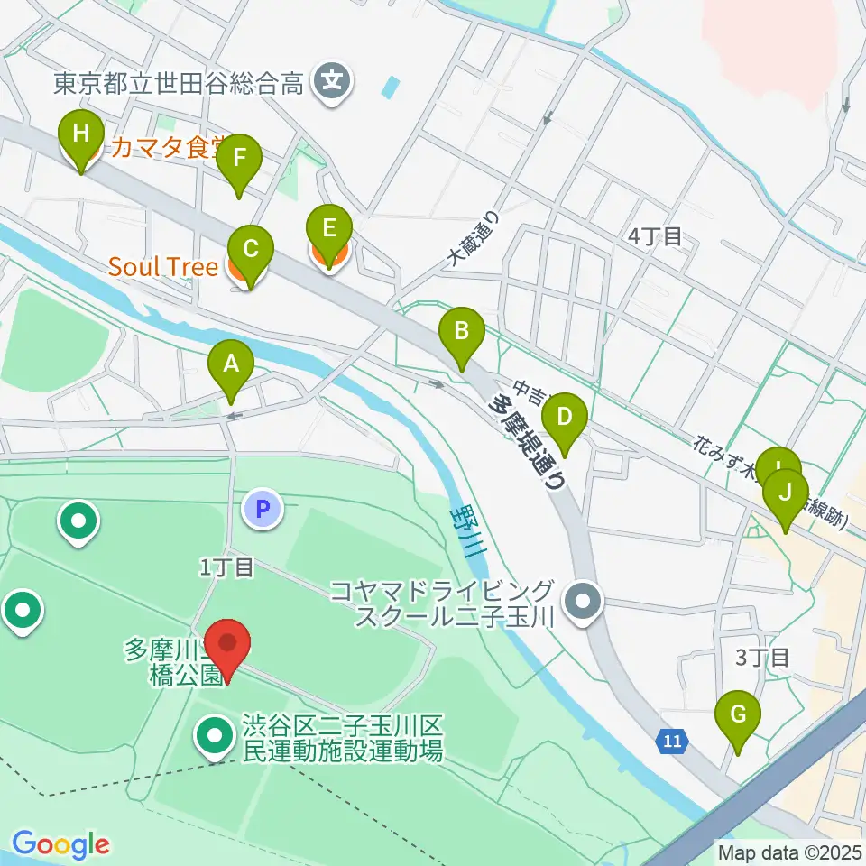 二子玉川区民運動施設周辺のファミレス・ファーストフード一覧地図