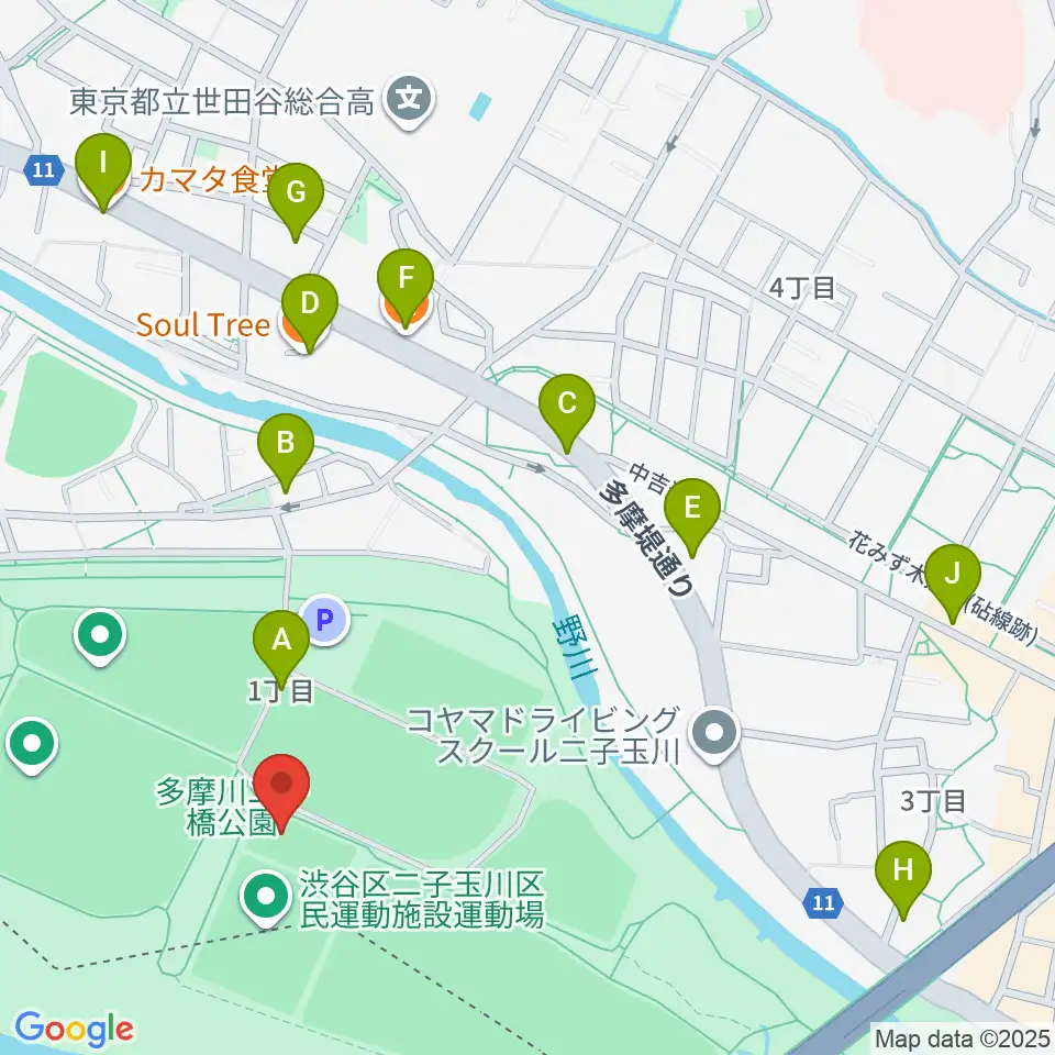 二子玉川区民運動施設周辺のファミレス・ファーストフード一覧地図
