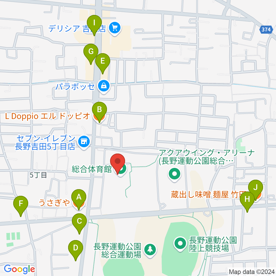 長野運動公園総合体育館周辺のファミレス・ファーストフード一覧地図