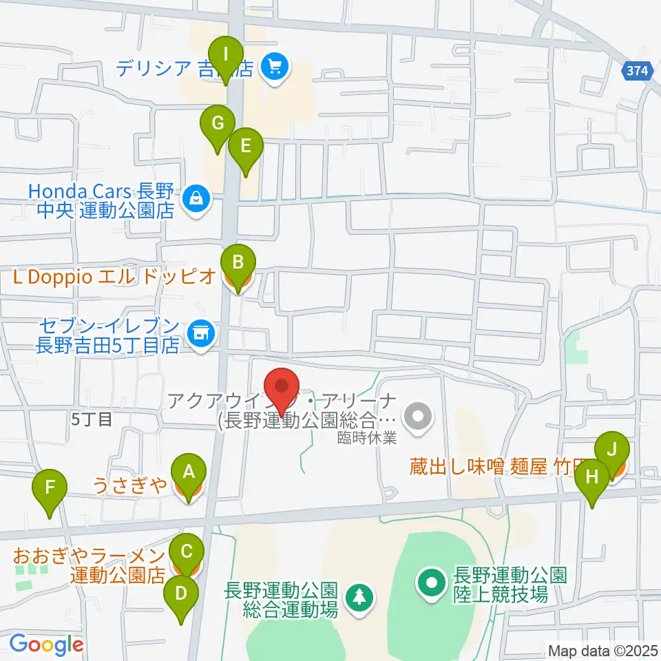 長野運動公園総合体育館周辺のファミレス・ファーストフード一覧地図
