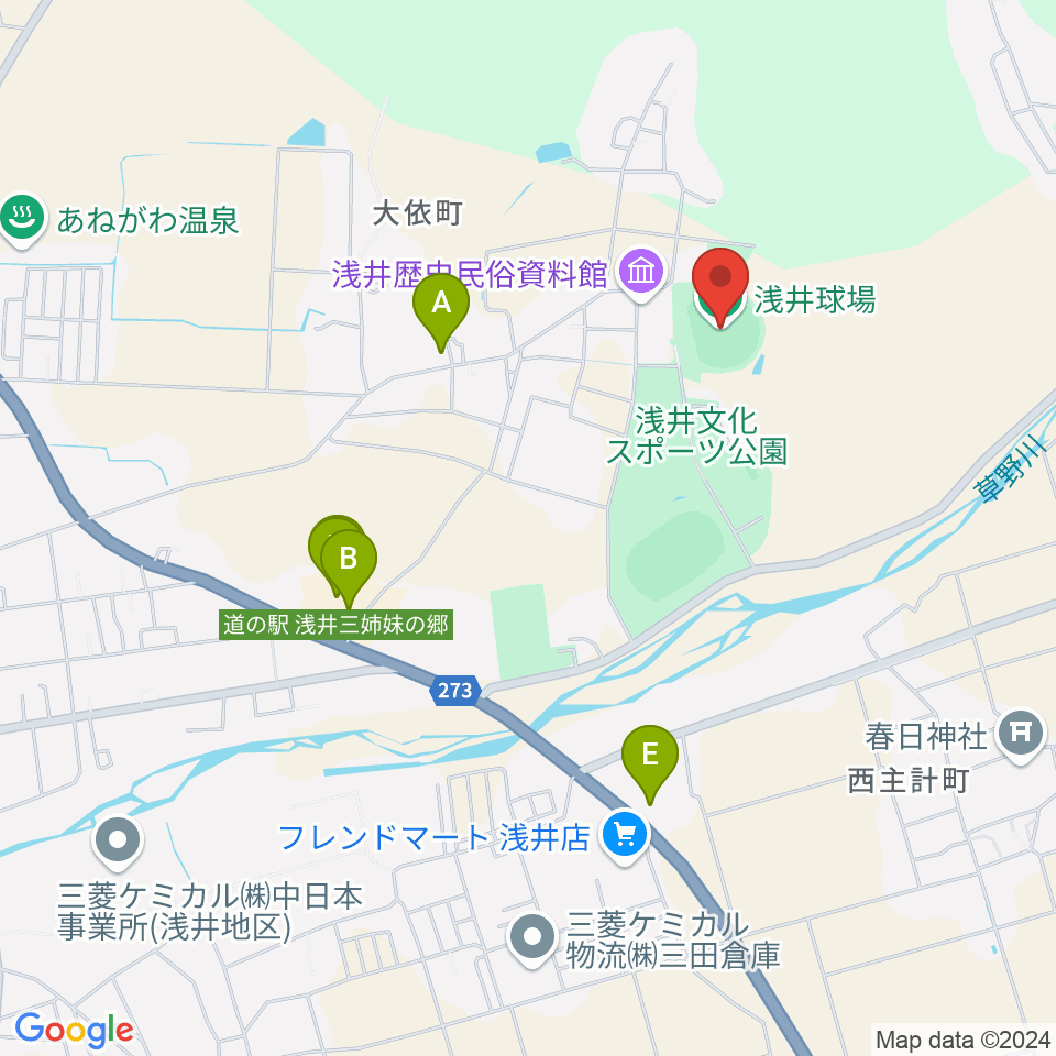 浅井球場周辺のファミレス・ファーストフード一覧地図