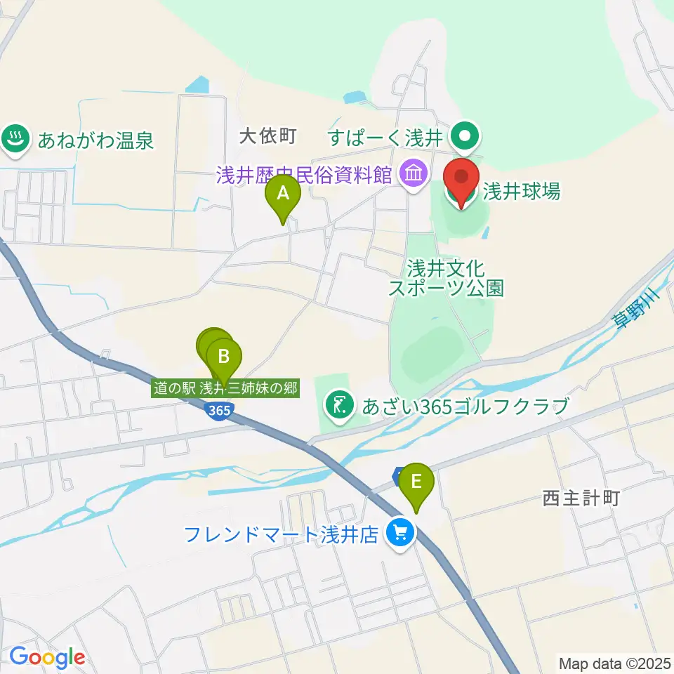 浅井球場周辺のファミレス・ファーストフード一覧地図