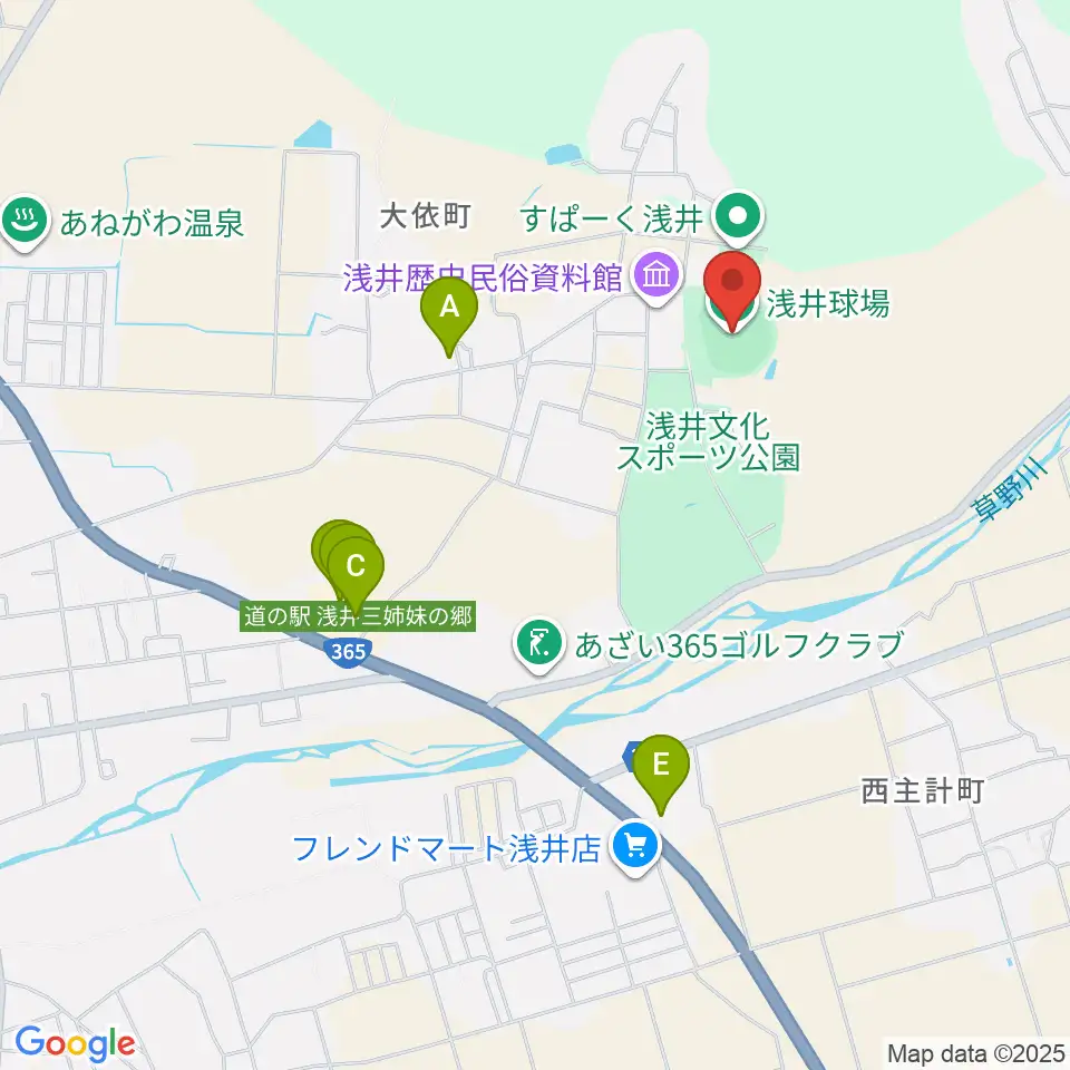 浅井球場周辺のファミレス・ファーストフード一覧地図