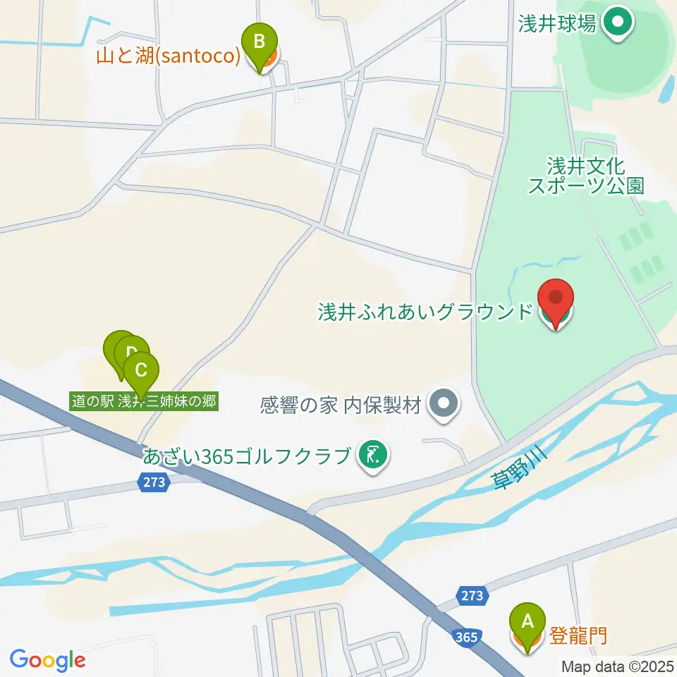 浅井ふれあいグラウンド周辺のファミレス・ファーストフード一覧地図